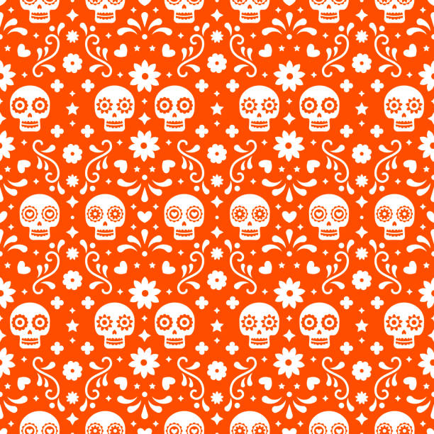 день мертвых бесшовные картины с черепами и цветами на красном фоне. традиционный мексиканский дизайн хэллоуина для диа-де-лос-muertos праздни - human skeleton halloween skull human bone stock illustrations