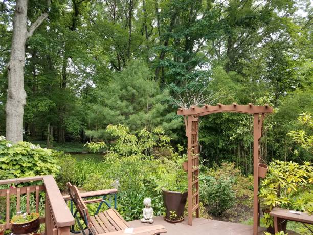 istock wood deck with bench and lattice and trees 1173361402
