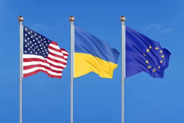 istock Three colored silky flags in the wind: USA (United States of America), EU (European Union) and Ukraine. 3D illustration. 1173362210
