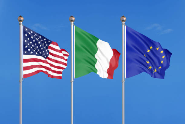 trzy kolorowe jedwabne flagi na wietrze: usa (stany zjednoczone ameryki), ue (unia europejska) i włochy. ilustracja 3d. - discussion talking italy usa zdjęcia i obrazy z banku zdjęć