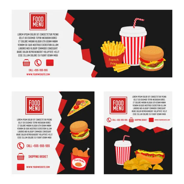 Vector illustration of Vector fastfood menu labels. Promo banners, ad posters