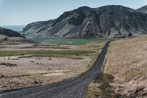 Lonely gravel road in Iceland.