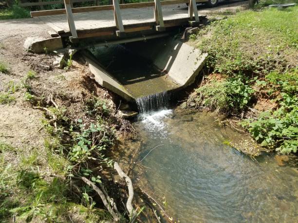 istock wood bridge and small stream with cement 1173367987