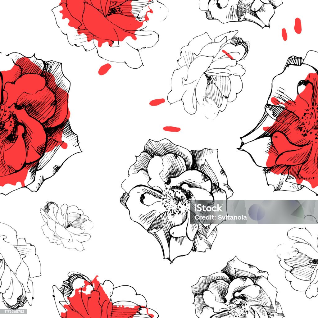 Roses Patterns Ink Vector Seamless Pattern Of Roses Graphic Drawing Ink And Pen Stock ...
