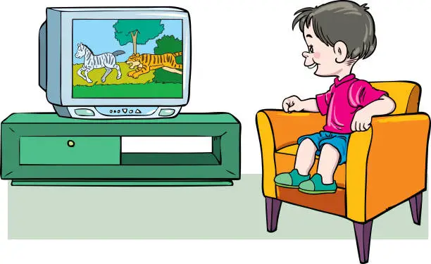 Vector illustration of Smiling  boy sitting and watching film on TV .