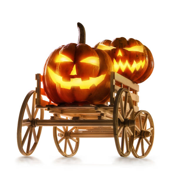 istock Halloween pumpkins in farm wagon isolated on white background 1173369443
