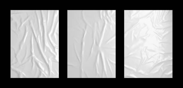 Glossy white wrinkled paste poster template set. Isolated glued paper or fabric mockup.