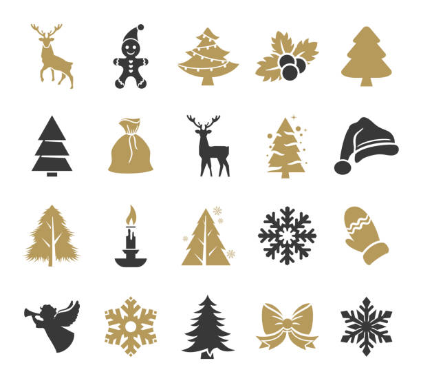 набор праздничных иконок - fir tree christmas tree isolated stock illustrations
