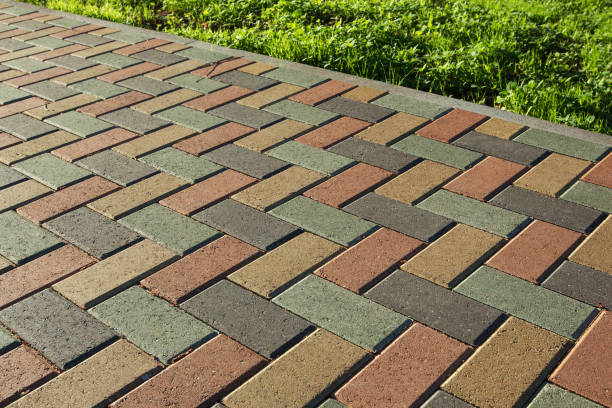 istock Colorful cobblestone road pavement and lawn divided by a concrete curb. 1173369737