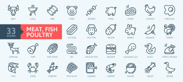 mięso, drób, ryby i jaja - minimalna kolekcja ikon cienkich linii. - meat steak sausage salami stock illustrations