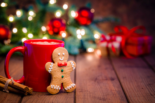 Homemade hot chocolate mug with and Christmas cookie shot on rustic wooden Christmas table. Yellow Christmas lights and Christmas decoration complete the composition. Predominant colors are red and brown. Low key DSRL studio photo taken with Canon EOS 5D Mk II and Canon EF 100mm f/2.8L Macro IS USM