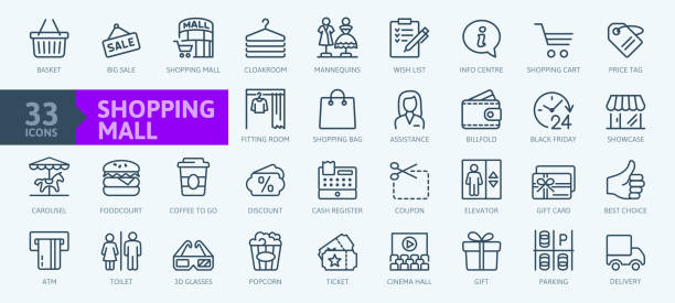 Market Shopping mall - minimal thin line icons collection. Market Shopping mall - minimal thin line web icon set. Outline icons collection. Simple vector illustration. cloakroom stock illustrations