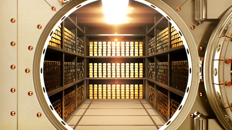 Beautiful Big Round Vault Door Opening to the Golden Bullions Reserve. Abstract 3d Animation of Bank Gold Storage Room. Banking and Financial Concept.