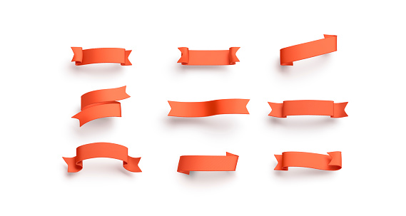 Blank red banderole mock up set, isolated, different types, 3d rendering. Empty orange pennant mockup. Clear curl streamer for aids or guarantee template.