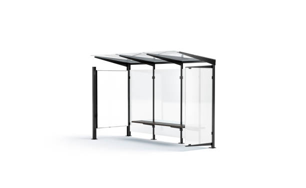 istock Blank white poster on bus stop mockup, right side view 1173375085