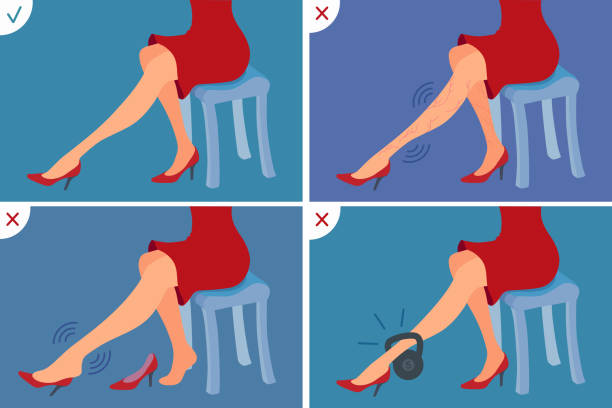 Various foot problems. Varicose veins, swelling, heaviness, pain. Healthy and sore legs, before and after high heels. Vector cartoon illustration. human limb stock illustrations