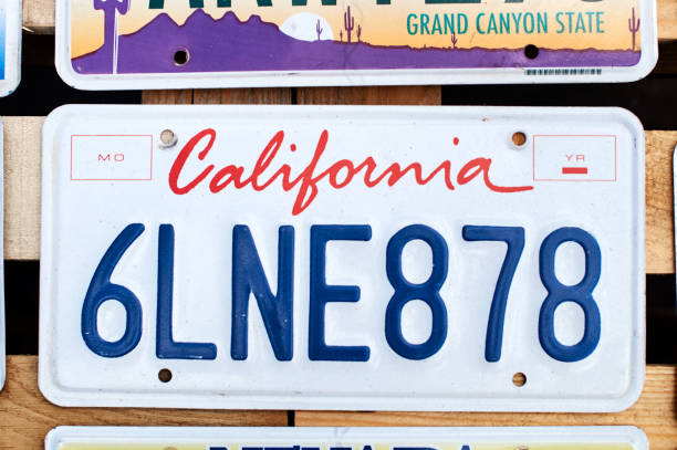 Old discontinued car license plate or vehicle registration number from California USA state. stock photo