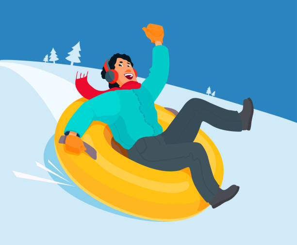 ilustrações de stock, clip art, desenhos animados e ícones de smiling man going down a hill on an inflatable snow tube. - winter men joy leisure activity