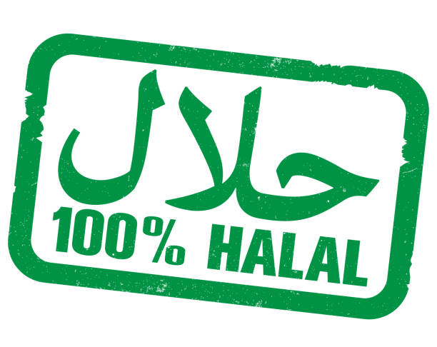 green 100% HALAL rubber stamp print with arabic script for word halal green 100% HALAL rubber stamp print with arabic script for word halal vector illustration halal stock illustrations