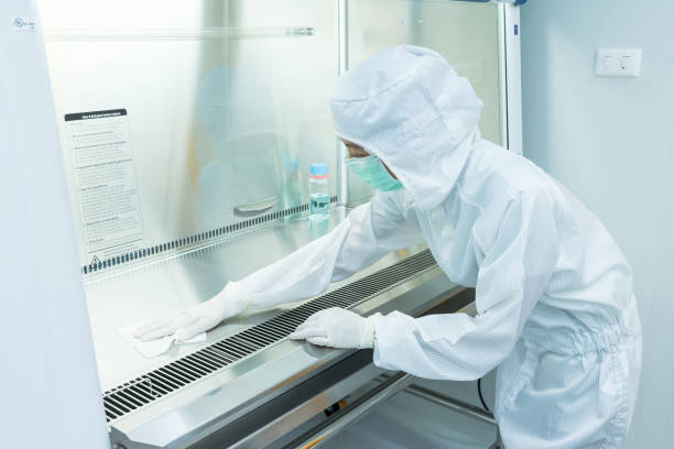 A scientist in sterile coverall gown using alcohol 70% and cleanroom wiper for cleaning Biological Safety Cabinet (BSC) stock photo