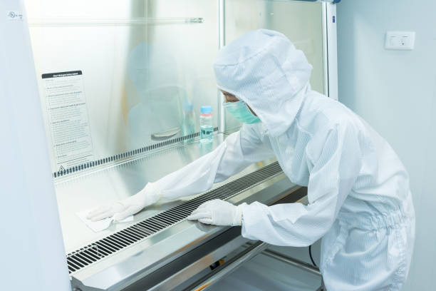 A scientist in sterile coverall gown using alcohol 70% and cleanroom wiper for cleaning Biological Safety Cabinet (BSC) A scientist in sterile coverall gown using alcohol 70% and cleanroom wiper for cleaning Biological Safety Cabinet (BSC). Decontamination before and after using BSC. Cleanroom facility. fume cupboard stock pictures, royalty-free photos & images
