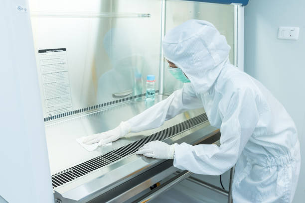 A scientist in sterile coverall gown using alcohol 70% and cleanroom wiper for cleaning Biological Safety Cabinet (BSC) A scientist in sterile coverall gown using alcohol 70% and cleanroom wiper for cleaning Biological Safety Cabinet (BSC). Decontamination before and after using BSC. Cleanroom facility. cleaning cupboard stock pictures, royalty-free photos & images