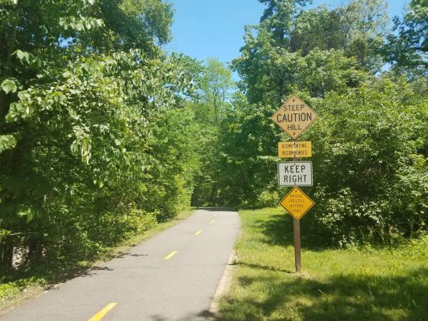 istock asphalt bike path with steep hill and caution signs 1173378664