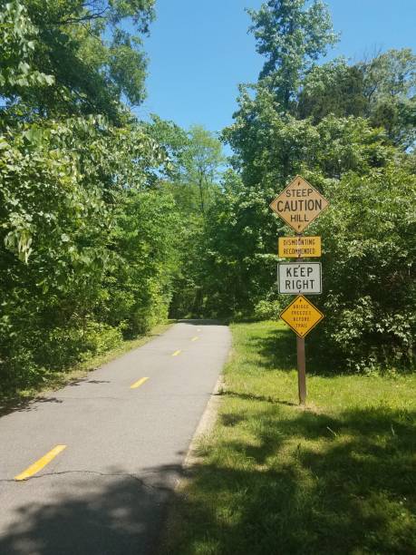 istock asphalt bike path with steep hill and caution signs 1173378927