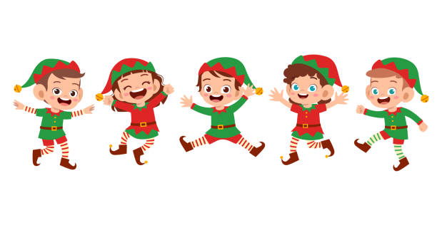 ilustraciones, imágenes clip art, dibujos animados e iconos de stock de niños felices sonríen expresión de risa conjunto - elfo