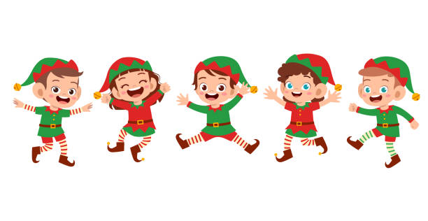 illustrations, cliparts, dessins animés et icônes de ensemble heureux d'expression de sourire de sourire d'enfants - elfe