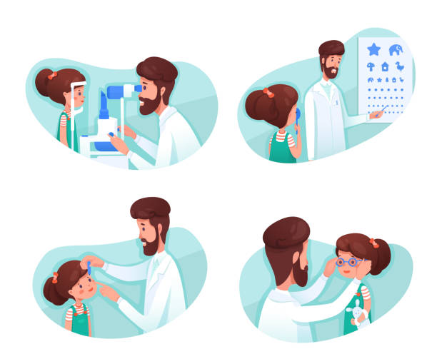 Eyesight diagnostics flat illustrations set Eyesight diagnostics flat illustrations set. Optometrist checking kid eye sight with test chart. Girl cartoon character at ophthalmology hospital isolated cliparts pack. Optometry clinic visiting eye doctor and patient stock illustrations