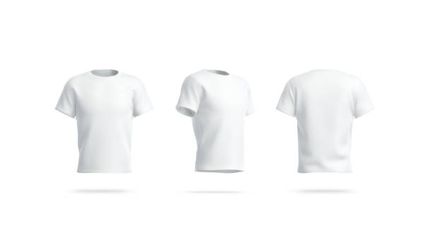 Blank white clean tshirt mockup, front, side and back view Blank white clean tshirt mockup, front, side and back view, 3d rendering. Empty footbal wear mock up, isolated. Clear cotton tee. Classic sport model for logo print template. back to front stock pictures, royalty-free photos & images