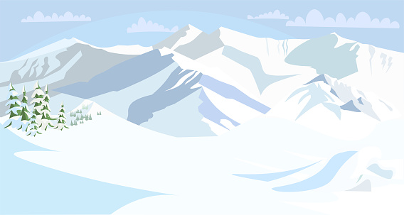 Winter mountains scenery flat vector illustration. Beautiful alpine landscape with fir trees and snowdrifts. Northern nature, snowy valley. Mountaineering, alpinism, ski resort. Holiday in Switzerland