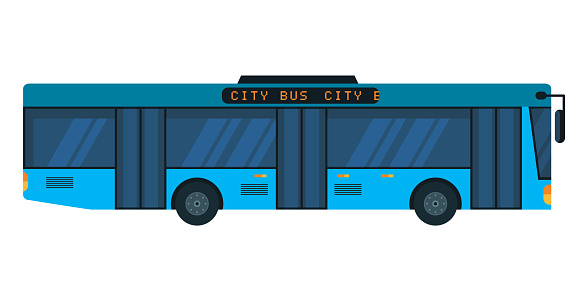 City bus flat vector illustration. Public transport isolated clipart on white background. Urban modern commuter. Passengers transportation blue vehicle side view cartoon design element