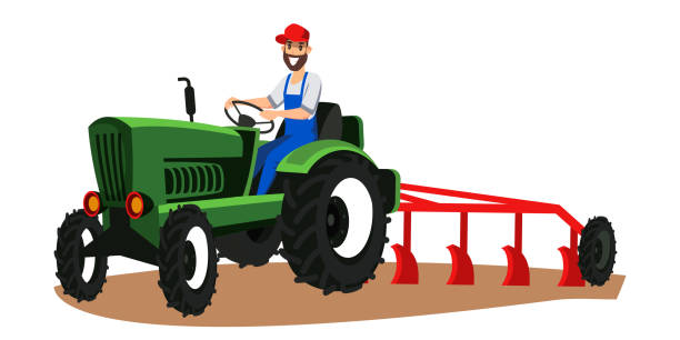 ilustraciones, imágenes clip art, dibujos animados e iconos de stock de tractor de conducción de agricultorcon ilustración de arado - tillage