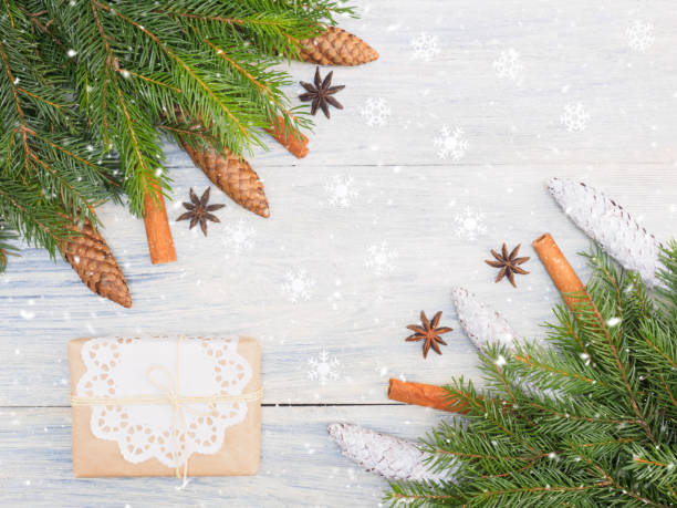 istock Fir tree branch with cinnamon, anise, snowflake, present on white wooden background. Christmas and New Year concept 1173381932