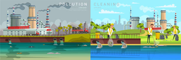 umgebungsschutz flache banner vektorvorlage - factory pollution smoke cartoon stock-grafiken, -clipart, -cartoons und -symbole