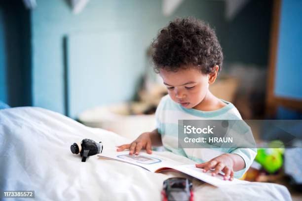 Cute Little Boy Reading Book At Home Stock Photo - Download Image Now - Child, Picture Book, Reading