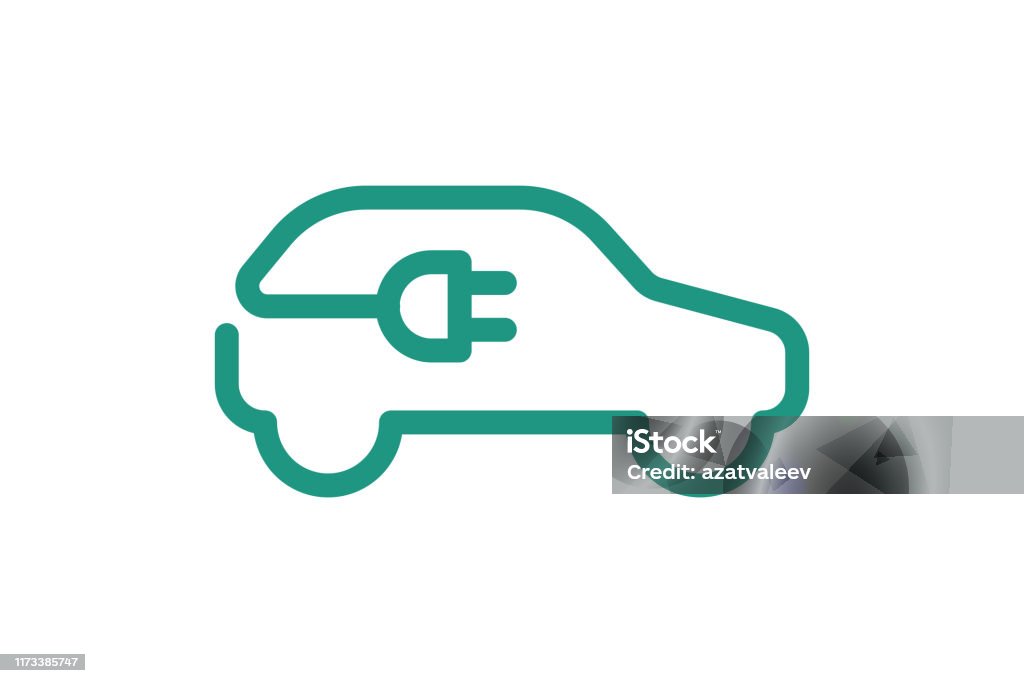 Elektrikli araba simgesi. Yeşil sembolü şarj elektrik kablosu fişi. Çevre dostu elektrikli oto araç konsepti. Vektör elektrik illüstrasyon - Royalty-free Simge Vector Art