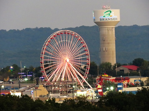Branson, Missouri, USA—September 3, 2019: Branson, known for musical entertainment, has amusement rides and entertainment for people of all ages. The town is nestled in the Ozark mountains in Missouri.