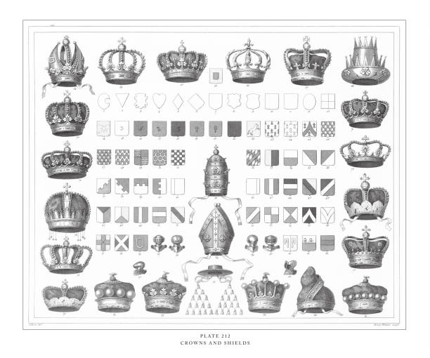 короны и щиты гравировка античная иллюстрация, опубликовано 1851 - coat of arms france nobility french culture stock illustrations