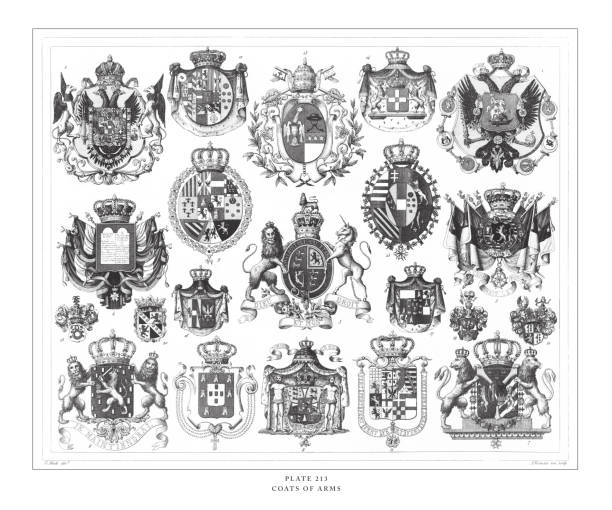 ilustraciones, imágenes clip art, dibujos animados e iconos de stock de escudos de armas grabado ilustración antigua, publicado 1851 - escudo de armas ilustraciones