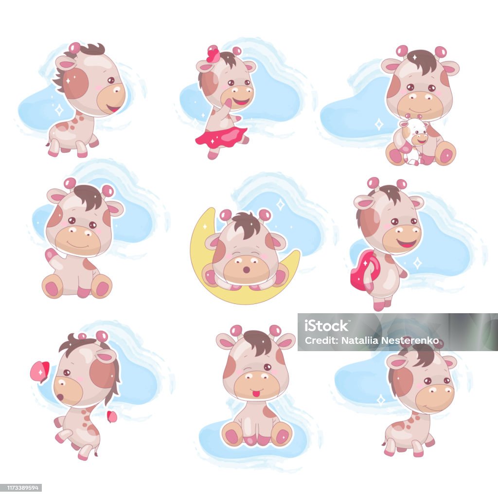 Ilustración de Lindo Jirafa Kawaii Caracteres Vectoriales De Dibujos  Animados Conjunto Adorable Y Divertido Animal Con Nubes Etiqueta Aislada  Parche Ilustración De Libro Para Niños Anime Feliz Y Juguetón Bebé Jirafa  Emoji
