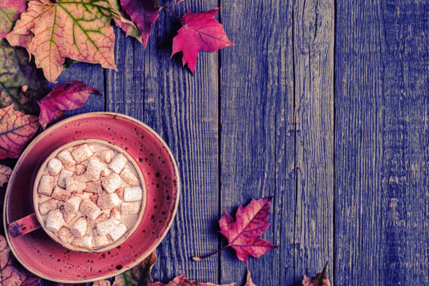 istock Autumn background with hot chocolate, knitted scarf, multi-colored leaves 1173393850