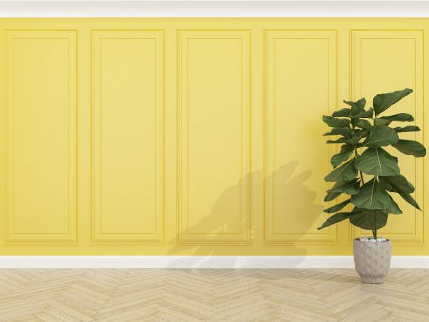 istock classic yellow wall with wood floor  and  Fiddle ,3d render 1173396120