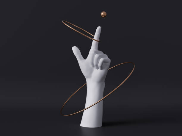 istock 3d render, white decorative female mannequin hand isolated on black background, finger pointing up, spinning golden rings, body part, fashion concept, esoteric fortuneteller, clean minimal design 1173397103