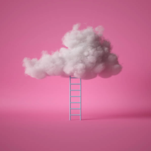 3d render, blue ladder under the white fluffy cloud, isolated on pink background 3d render, blue ladder under the white fluffy cloud, isolated on pink background cotton cloud stock pictures, royalty-free photos & images