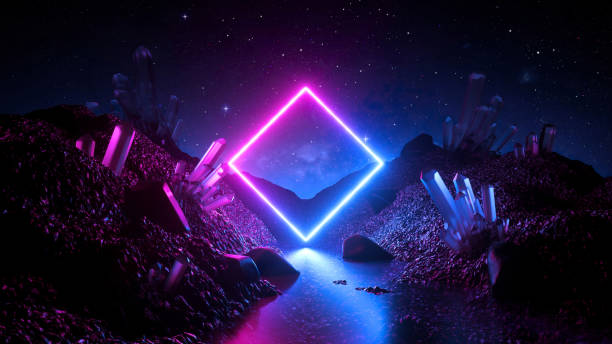 3d render, abstract neon background, mystical cosmic landscape, pink blue glowing ring over terrain, square frame, virtual reality, dark space, ultraviolet light, crystal mountains, rocks, ground - sacred mountain imagens e fotografias de stock