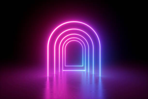 istock 3d render, abstract minimalist background, pink violet blue neon line, arches glowing in the dark, tunnel in ultraviolet light, 80's retro style, fashion show, performance stage design 1173397803