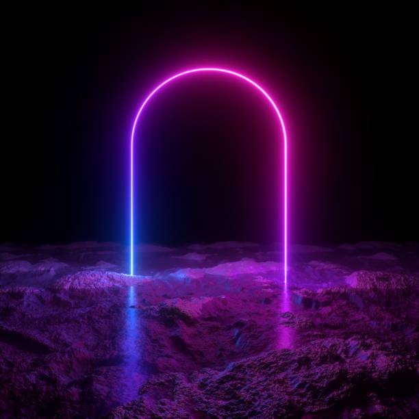 istock 3d render, abstract minimalist background, pink violet blue neon arch, mysterious terrain, strange landscape, line glowing in the dark, ultraviolet light, 80's retro style 1173397863